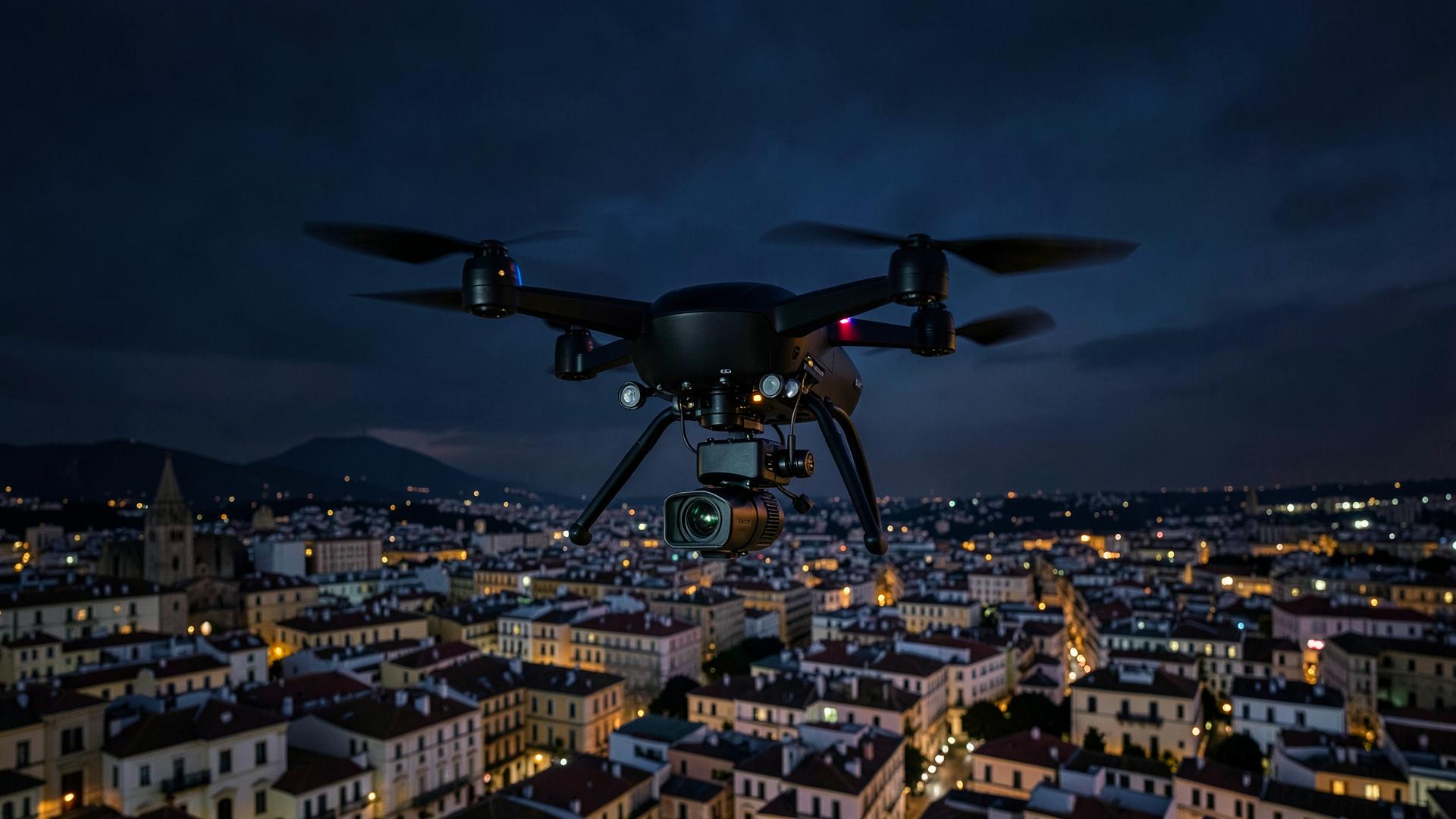 Dron profesional sobrevolando una ciudad al anochecer